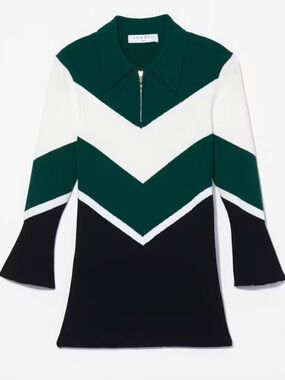 Sandro Paris Chevron Long Sleeve Polo Top in Green, White & Black
